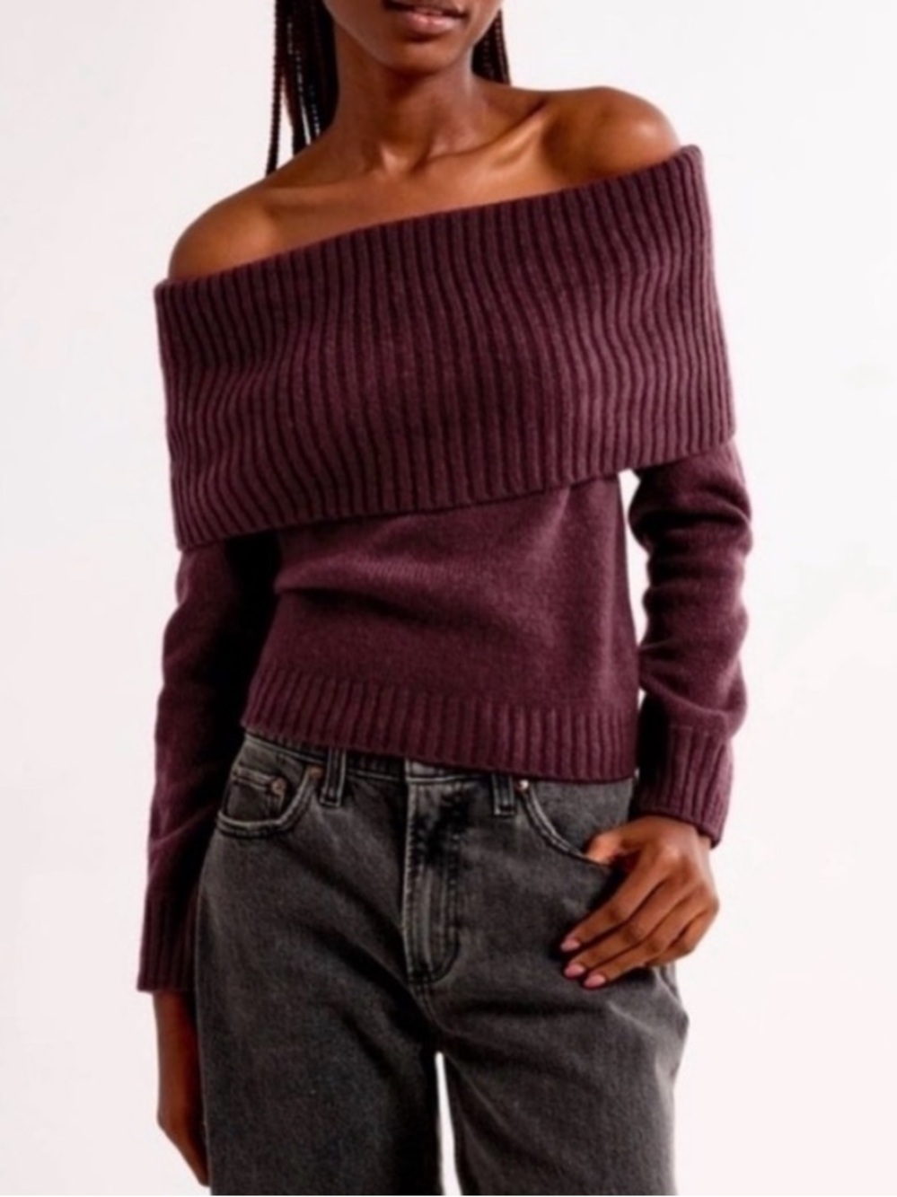 Abercrombie Plum Off-the-Shoulder Ribbed Foldover Sweater